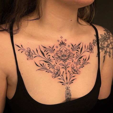 Chest Stomach Tattoo Female, Feminin Chest Tattoo, Women Tattoo Chest Piece, Chest Tattoo Feminine, Chest Pieces For Women Tattoo, Chest Tattoos For Women Flower, Chest Tattoo Female Ornamental, Women’s Chest Tattoo Ideas, Chest And Collar Bone Tattoos