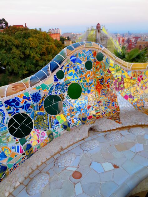 Rooftop benches with beautiful mosaic tile work at Antonio Gaudi's Parc Guell; Barcelona, Catalunya, Spain Gaudi Mosaic Pattern, Antonio Gaudi Mosaic, Park Guell Barcelona Gaudi Mosaic, Antoni Gaudi Mosaic, Gaudi Tiles, Mosaic Barcelona, Gaudi Park Guell, Gaudi Park, Parque Guell