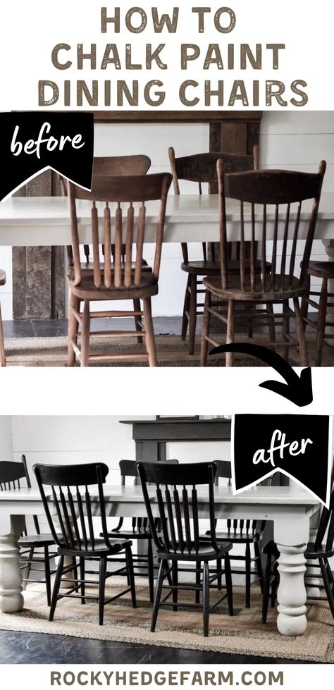 How to paint your dining room chairs black with chalk paint. This DIY tutorial shows you step by step how to get this rustic farmhouse look. #chalkpaint #rockyhedgefarm #chalkpaintedchairs Painting Oak Table Black, Black Chalk Paint Table Dining Room, How To Paint Wood Chairs Black, Bleached Wood Table With Black Chairs, Diy Black Table Makeover, Refurbish Dining Room Table And Chairs, Painted Black Dining Chairs, How To Paint Kitchen Chairs Black, Diy Black Dining Chairs