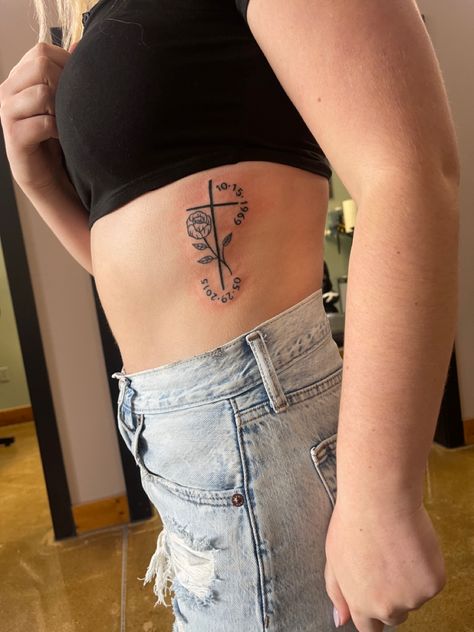 #tattoo #cross #deathdate #tattoofordad Rib Tattoo For Lost Loved One, Cross Rip Tattoo, Rose Tattoo For Passed Loved Ones, Passed Friend Tattoo, Tattoo For A Lost Friend, Rose Tribute Tattoos, Rose Remembrance Tattoo, Lost Someone Tattoo Ideas, Tattoo Losing A Loved One