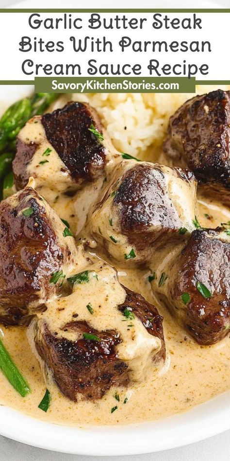 Want to add a touch of gourmet flair to your steak dinner? These Garlic Butter Steak Bites with Parmesan Cream Sauce are not only flavorful but also quick to prepare. Be sure to save this recipe for a delightful side that pairs beautifully with any steak dinner idea! Garlic Butter Steak Sauce, Black Stone Chicken, Gourmet Beef Recipes, Garlic Sauce For Steak, Steak Dinner Side Dishes, Parmesan Cream Sauce Recipe, Steak Cream Sauce, Steak Butter Recipe, Steak Appetizers