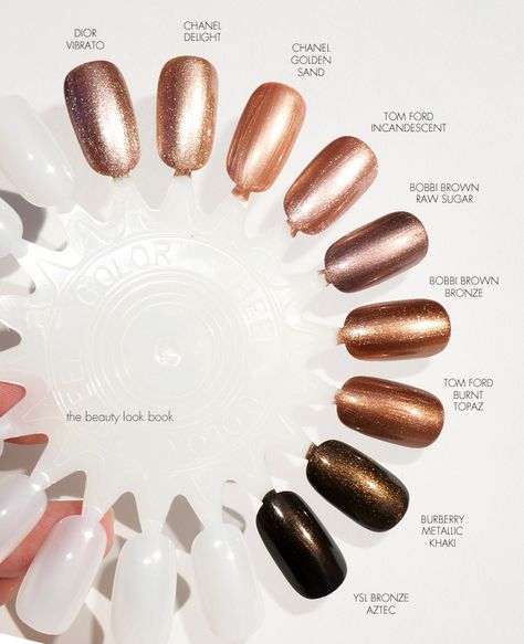 The Beauty Look Book: Color Focus | Bronze and Metallic Nail Lacquers Bronze Dip Powder Nails, Copper Dip Powder Nails, Brown Metalic Nails, Brown Bronze Nails, Chrome Nails Bronze, Brown Copper Nails, Copper Brown Nails, Bronze Gel Nails, Metallic Brown Nails