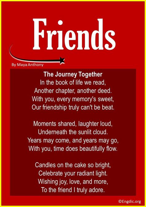 Celebrate the magic of friendship on that special day with a poetic touch! Dive into these 15 short and funny birthday poems tailored just for your best friend. Unleash laughter, evoke tears, and make memories that last a lifetime. Let’s get poetic! Short Birthday Poems for Friends 1. The Journey Together This poem is a tribute to the beautiful journey of friendship and how it gets better with time, especially on the day that marks another year in a friend’s life. In the book o... Short Poem For Best Friend, Short Birthday Poems, Short Rhyming Poems, Birthday Poem For Friend, Poems For Friends, Funny Birthday Poems, Preschool Poems, Small Poems, Rhyming Poems