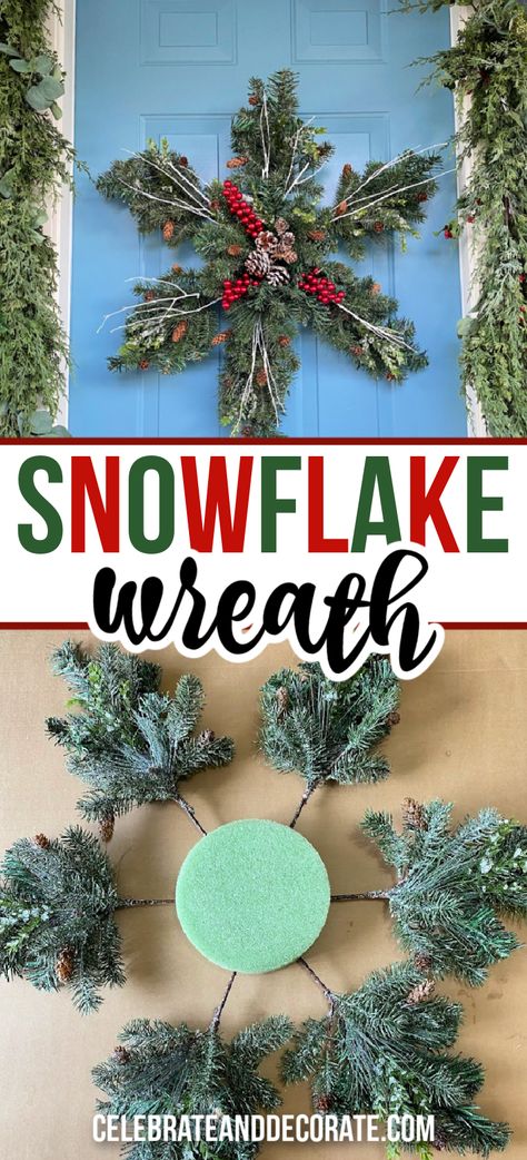 Snowflake Wreath From Dollar Tree Christmas Trees, Snowflake Door Wreath, Simple Winter Wreath, Snowflake Wreaths For Front Door, Snowflake Christmas Wreath, Pine Wreaths For Christmas Easy Diy, Winter Door Decorations For Home, Decorate Wreaths For Christmas, Snowflake Wreath Dollar Store