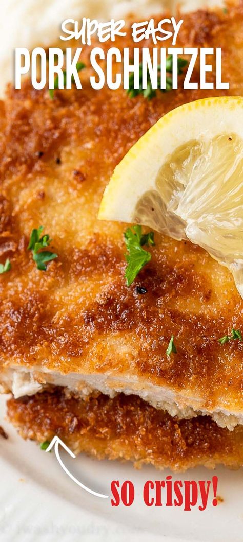 This super easy Pork Schnitzel Recipe is a traditional German recipe that's crispy, flavorful and perfect for any night of the week. Frugal Pork Recipes, Fresh Pork Recipes, Pork Scallopini Recipes, Pork Schnitzel Recipe, Pork Cutlet Recipes, Schnitzel Recipe, German Food Authentic, Schnitzel Recipes, Pork Schnitzel