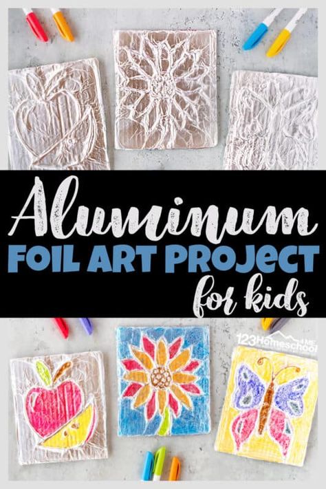 Get ready to say WOW! You and your kids are going to love making this clever and beautiful tin foil art! This Amazing aluminum foil art uses a simple technique to make a truly stunning work of art from simple flowers to butterflies, crosses to houses, animals to any picture or design you can dream up. Try making foil art for kids from toddler, preschool, pre-k, kindergarten, and elementary age kids in first grade, 2nd grade, 3rd grade, and 4th graders too. All you need are a few simple ... 4th Grade Crafts, Tin Foil Crafts, Tin Foil Art, First Grade Art, Aluminum Foil Art, Art Project For Kids, 2nd Grade Art, Summer Math, 4th Grade Art