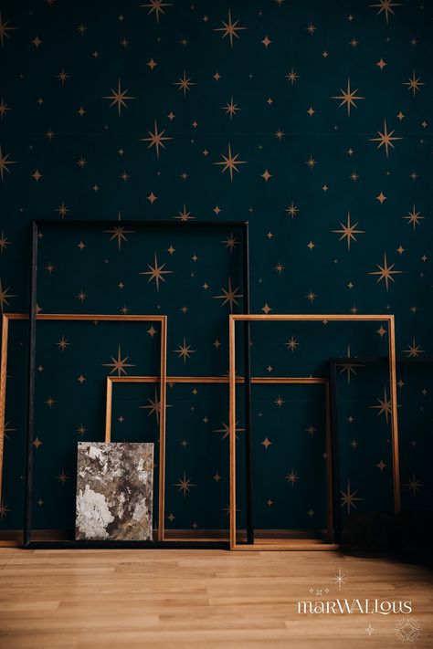 Gold Night Sky Dark Celestial Wallpaper, Stars Cosmic Wall Decor, Peel and Stick Cosmic Wall Art 92 - Etsy Sweden Magical Ceiling, Celestial Bathroom, Dark Celestial, Celestial Wallpaper, Tiny Cottages, Gold Night, Sky Dark, Dark Home, Smooth Walls