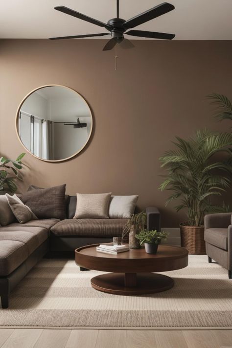 Earth Brown Color, Classy Home Decor Living Room, Living Room With Light Brown Couch, Brown Paint Colors For Living Room, Sand Color Living Room, Brown Paint Living Room, Neutral Living Room Decor Earth Tones, Earth Colors Living Room, Cream And Brown Living Room