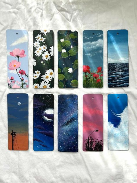 Painting Bookmarks Acrylic, Painted Acrylic Bookmark, Bookmark Acrylic Painting, Acrylic Painting Bookmarks, Bookmark Painting Ideas Acrylic, Paintings For Gifts, Painted Bookmarks Acrylic, Hand Painted Bookmarks, Painted Wooden Bookmarks