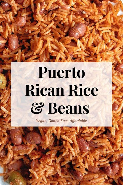 Puerto Rican yellow rice and beans with homemade sofrito, kidney beans, sazon, adobo, and tomato sauce. Made with affordable ingredients and makes as a perfect side dish. #latinfood #cooking #recipe #glutenfree #vegan #vegetarian #boricua #yellowrice #sidedish #pantry #pantryrecipes