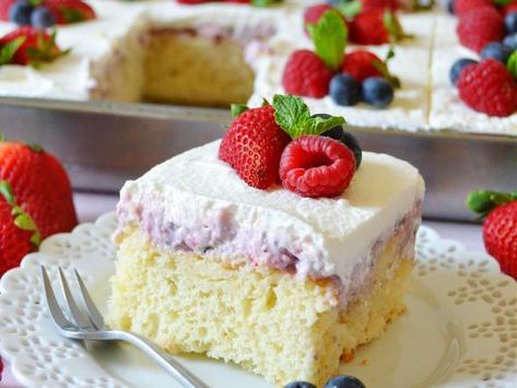 Berry Poke Cake, Mixed Berry Filling, Cream Poke Cake, Berry Filling, Whipped Cream Topping, Spring Time Desserts, Berries And Cream, Sweet Whipped Cream, Moist Vanilla Cake