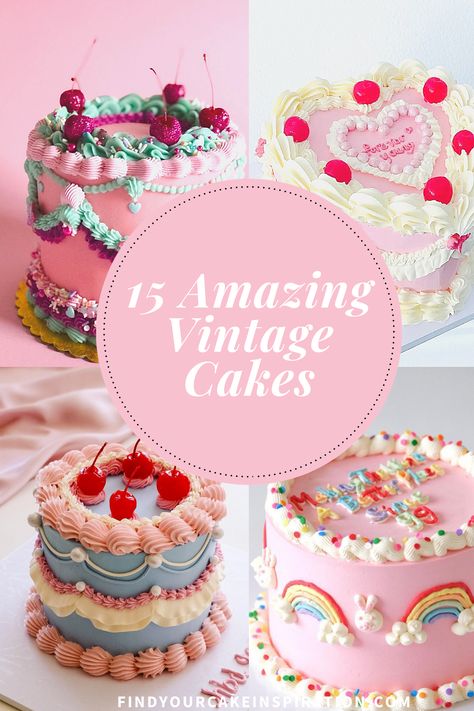 15 Amazing Vintage Cakes You Will Love - Find Your Cake Inspiration Wilton Cakes Vintage, Vintage Cakes With Cherries, Retro Cake Decorating, Birthday Cake Traditional, Retro Cake Recipes, Antique Cake Design, Boujie Birthday Cake, Vintage Inspired Birthday Cakes, Vintage Buttercream Birthday Cake