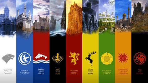 Main houses from "A Song of Ice and Fire" series, along with their house words and illustrations of the castles Game Of Thrones Wallpaper, Castle Quotes, Game Of Thrones Map, Ned Stark, Game Of Thrones Tv, John Snow, Gra O Tron, Games Of Thrones, Iron Throne