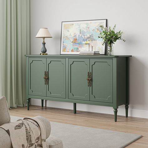 Green Cabinet Living Room, Green Sideboard, Long Cabinet, Mid Century Modern Storage, Cabinet Legs, Cabinet Tv, Modern Storage Cabinet, Dining Cabinet, Entryway Shoe