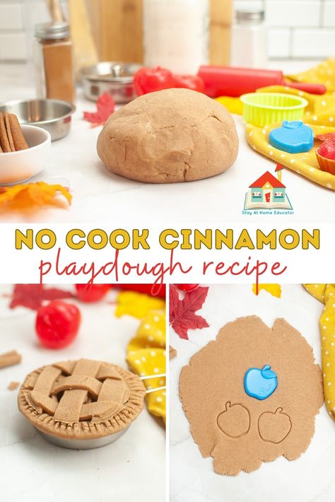 No-Cook Cinnamon Playdough Recipe - Stay At Home Educator Pumpkin Pie Playdough No Cook, Crockpot Playdough Recipe, Apple Spice Playdough, Homemade Cinnamon Playdough, Cornmeal Playdough, Apple Cinnamon Playdough Recipe, Cinnamon Scented Playdough, Fall Playdough Recipes, Pumpkin Spice Playdough Recipe No Cook