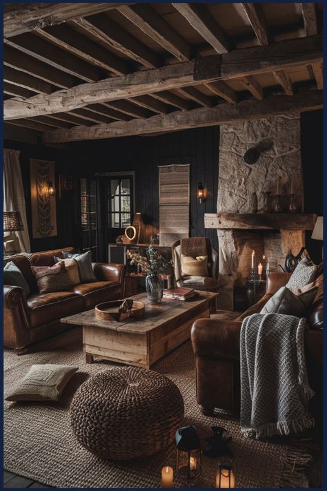 Cozy rustic living room with leather sofas, a wooden coffee table, stone fireplace, and warm ambient lighting. Dark Moody Cabin Interior, Dark Rustic Aesthetic, Moody Cabin Living Room, Rustic Organic Home Decor, Rustic Small Living Room Ideas, Moody Rustic Living Room, Dark Rustic Living Room, Moody Cabin, Rustic Cabin Interior