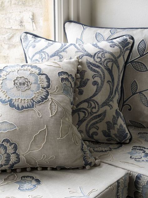 Clarke & Clarke Richmond #fabric #interior #design #style #spring #summer Clarke And Clarke Fabric, Neutral Bedroom Decor, Cushion Embroidery, Beach Bedroom Decor, Custom Cushions, Roman Blinds, Blue Pillows, New Classic, Designer Pillow