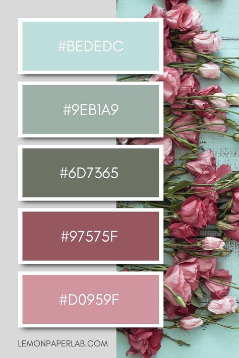 Check out this color palette! Let the delicate hues of Pale Blue, Sage Green, Ash Gray, Dusty Rose, and Blush Pink transport you to a garden of pink roses inspiring both tranquility and elegance. Dream away! Sage Color Palette, Rose Bedroom, Blush Color Palette, Pink Color Palette, Wedding Color Pallet, Hex Color Palette, Color Schemes Colour Palettes, Green Ash, Green Palette