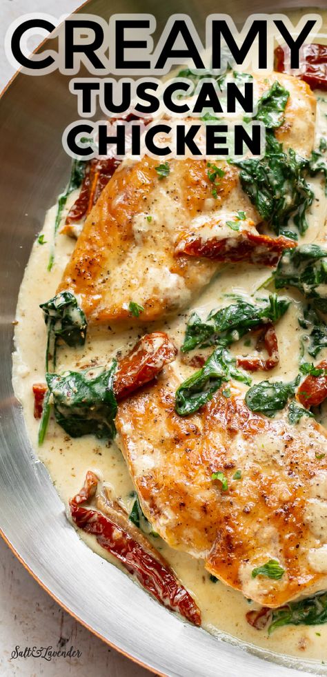 This creamy Tuscan chicken recipe has juicy pan fried chicken and an irresistible cream sauce with sun-dried tomatoes, basil, and fresh spinach! The best part? It's ready in only 25 minutes. Chicken Sundried Tomatoes Spinach, Tuscany Chicken, Tuscan Chicken Skillet, Creamy Tuscan Chicken Recipe, Salt Lavender, Creamy Tuscan Chicken, Chicken Salt, Tuscan Garlic Chicken, Resep Pasta