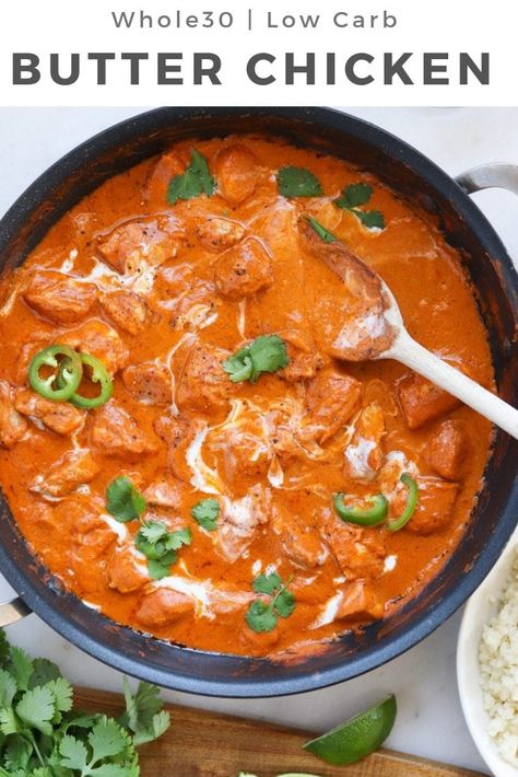 This Low Carb and Whole30 Butter Chicken is perfect for a weeknight dinner, entertaining friends, or even your weekly meal prep! Because it's made with ghee and coconut cream and served with cauliflower rice, it's also Paleo, grain free, and gluten free! Butter Chicken Meal Prep, Dairy Free Butter Chicken, Macro Planning, Low Carb Dairy Free, Whole30 Meal Prep, Dairy Free Low Carb, Macros Diet, Weekly Meal Prep, Counting Macros