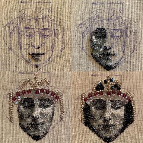 Perle Cotton Embroidery, Bead Embroidery Portrait, Beaded Hand Embroidery, Bead Art Tutorial, Bead Embroidery Art, Beads Embroidery Patterns, Drawing Embroidery Patterns, Beaded Embroidery Tutorial, Embroidery Beads Designs