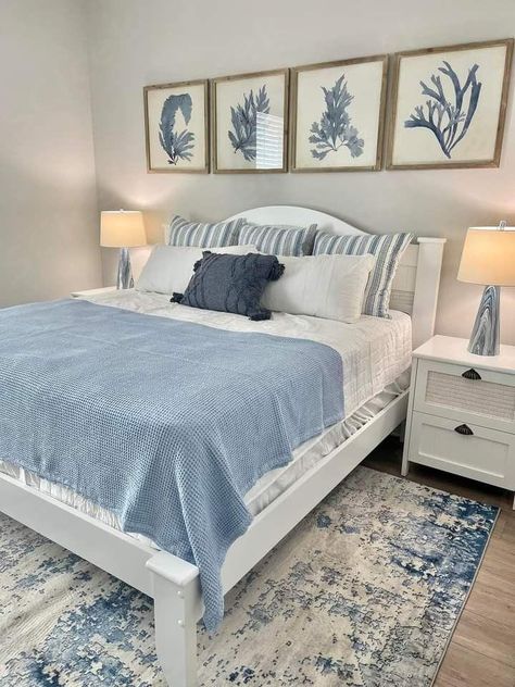 home bedroom refreshdate night beautybackyard renovationshome decor inspowall papering ideasstreet style roomhome decor ideas Blue And White Beach Bedroom, Beach House Inspo Coastal Style, Small Beach House Bedroom, Scandinavian Decor Ideas, Costal Bedroom Idea, Light Blue Room, Beach Guest Room, Beach House Guest Room, Costal Bedroom