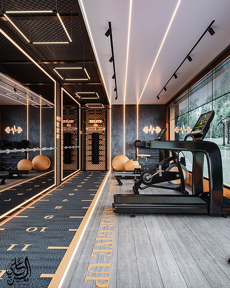 home gym on Behance Home Studio Gym, Fitness Room Design Home, Industrial Design Gym, Gym Interiors Modern, Gym Aesthetic Interior Design, Gym Designs For Home, Modern Gym Design Interior, Modern Home Gym Interior Design, Gym Luxury Interior