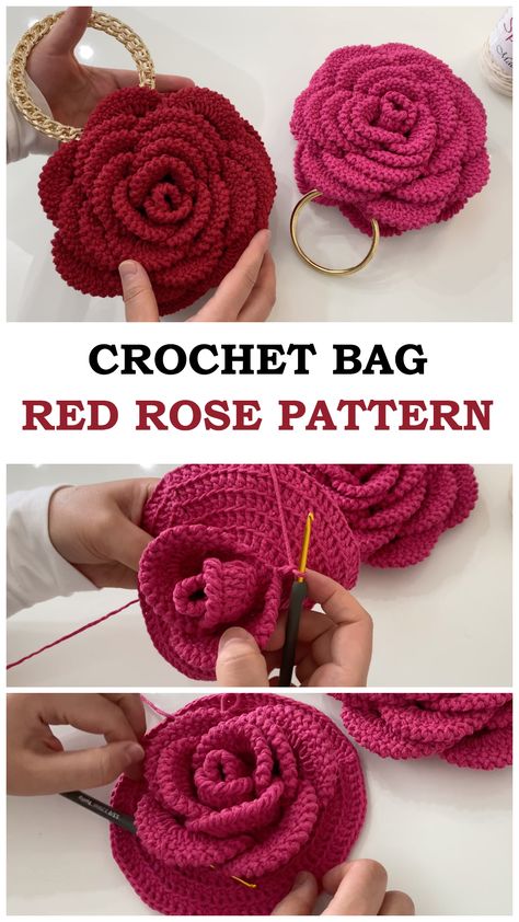 Diy Crochet Rose Free Pattern, Crochet Rose Graphgan, Crochet Red Yarn Projects, Crochet Rose Purse, Crochet Rose Bag Pattern, Crochet Roses Free Pattern Written, Crochet Rose Pillow Pattern Free, Crochet Black Rose, Rose Pattern Crochet