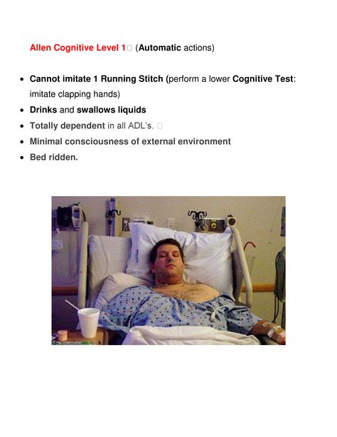 Allen Cognitive Level 1 Allen Cognitive Levels, Mental Health Occupational Therapy, Nbcot Exam Prep, Nbcot Exam, Occupational Therapy Schools, Geriatric Occupational Therapy, Study Info, Skilled Nursing Facility, Cognitive Activities