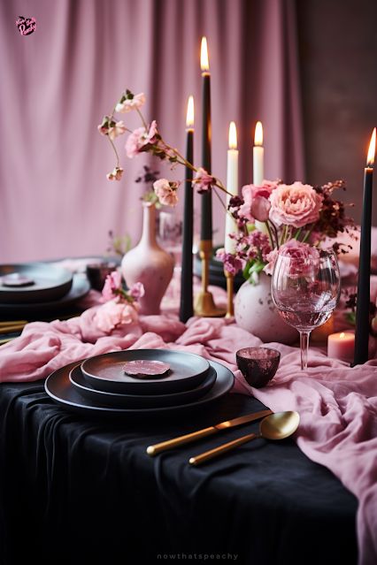 Black And Pastel Decor, Galentines Party Decor Elegant, Black Tablecloth Tablescape, Elegant Black And Pink Wedding, Black And Pink Table Decor, Pink Tablescape Party, Pink Black Party Decorations, Pink And Black Dinner Table Decor, Black Pink Table Setting