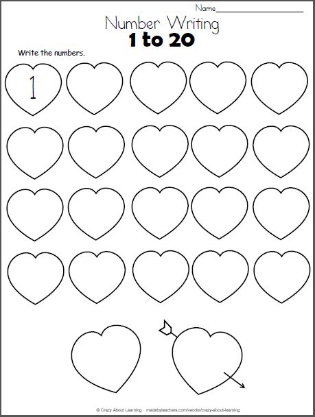 Valentine's Day Math - Write Numbers 1-20 Valentines Literacy Preschool, Valentine Alphabet Activities, Valentine’s Day Centers For Preschool, Writing Numbers Kindergarten, February Worksheets, Valentine’s Day Number Activities, Valentine’s Day Kindergarten Writing, Valentine Worksheets, Kindergarten Valentines