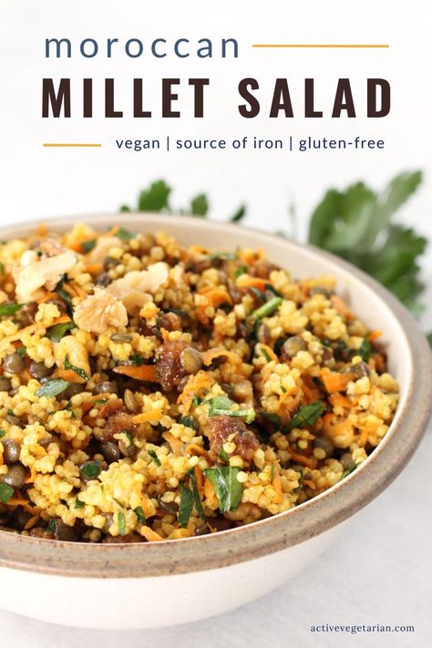 An easy weeknight dinner and/or meal prep recipe, this simple yet flavourful gluten-free dish is perfect! Moroccan Millet Salad is delicious on its own as a complete meal or served as a side with other dishes. The possibilities are endless! #glutenfree #vegan #richiniron #highprotein #plantbased #veganprotein #veganrecipe #vegandinner Millet Recipes Side Dishes, Millet Dinner Recipes, Millet Bowl Recipe, Millet Rice Recipe, Moroccan Vegan, Millet Dishes, Aryuvedic Recipes, Millet Salad, Millet Recipe