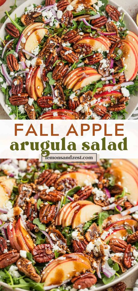 This Apple Arugula Salad recipe is loaded with crunchy roasted maple pecans, sliced apples, goat cheese crumbles, figs and a balsamic dressing to pull it all together. This is the perfect fall salad to celebrate apple season and more. Comes together in just 20 minutes and complements so many dishes or easily a full meal with added protein! Roasted Apple Salad, Arugula Fall Salad, Apple Fall Salad, Arugula Christmas Wreath Salad, Light Fall Salad, Friendsgiving Dishes To Bring, Alpha Gal Thanksgiving Recipes, Arugula Salad Fall, Pecan Apple Salad