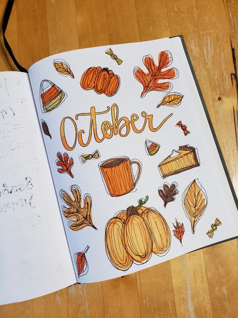 October Book Journal Spread, October Journal Cover Page, October Design Ideas, October Reading Journal Spread, October Notebook Ideas, October Journaling Ideas, October Journal Ideas Easy, September Bulletin Journal Ideas, October Reading Journal