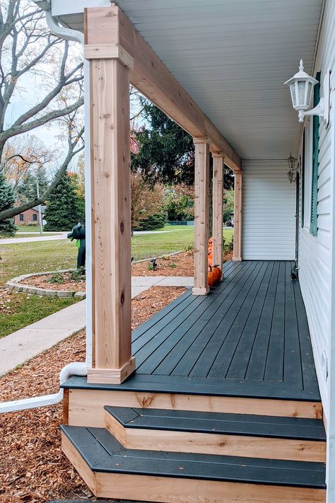 Front Porch With Steps All Around, Beam Porch Ideas, Front Wood Porch Ideas, Front Porch Update Before And After, Wood Front Porch Design, Porch With Steps All Around, Cedar Wood Posts Front Porch, Outdoor Remodel Ideas, Wood Porches Ideas