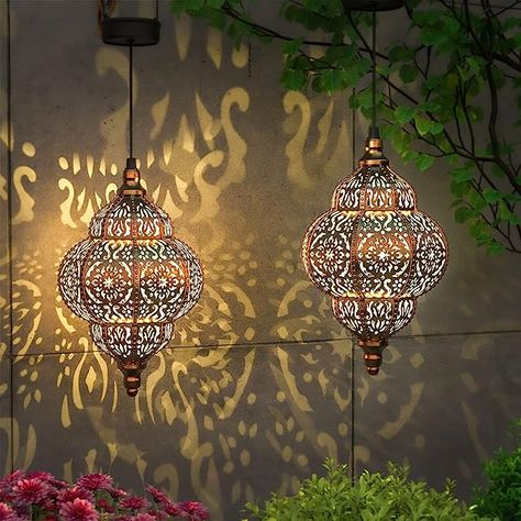 Moroccan Outdoor, Hanging Solar Lights, Fence Lighting, Lantern Lamp, Fence Decor, Solar Powered Lights, Solar Lanterns, Deck Lighting, Outdoor Hanging Lights