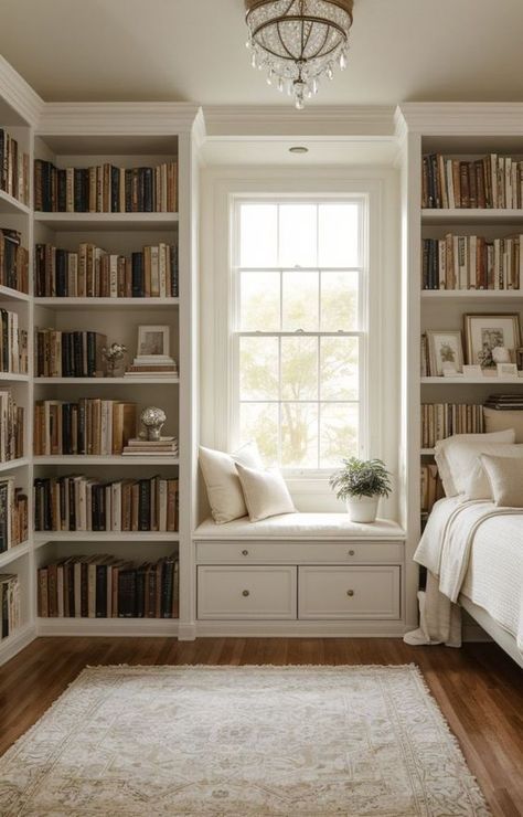 Corner Bookshelves With Seat, Bookshelves Hallway, Quaint Farmhouse, Home Library Design, Reading Corner, Home Library, Dream House Decor, My New Room, Dream Home Design