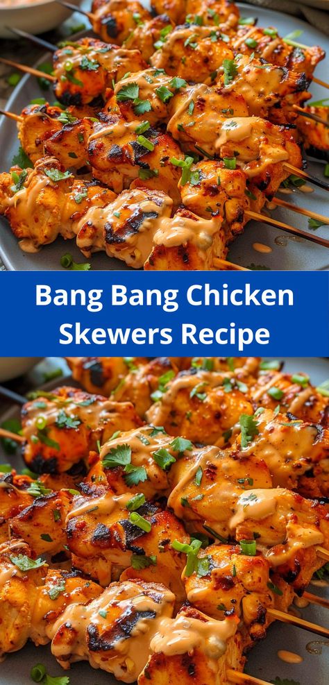 Enjoy spicy Bang Bang Chicken Skewers, a quick and easy meal packed with flavor! Bang Bang Chicken Skewers, Bang Bang Chicken, Chicken Skewer Recipe, Skewer Recipes, Favorite Recipes Dinner, Chicken Kebabs, Chicken Skewers, Sweet Chili Sauce, Chicken Dishes Recipes