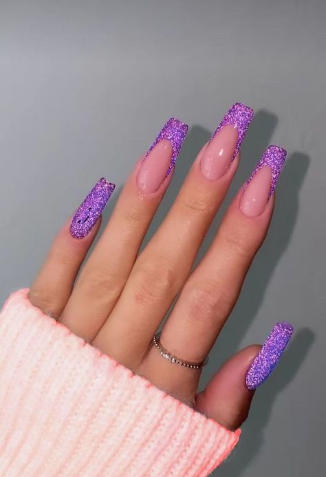 Purple Glitter Tip Nails, Purple French Nail Designs, Purple Nail Designs Prom, Purple Nail Designs With Glitter, Prom Purple Nails, Purple Ballerina Nails, Purple Glitter Nails Acrylic, French Tip Acrylic Nails Glitter, Shiny Purple Nails