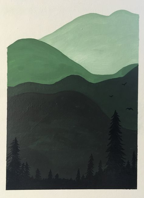 simple green mountain painting Simple Acrylic Paintings Minimalist, Simple Nature Canvas Paintings, Minimalist Easy Paintings, Easy Outdoorsy Paintings, Green Painting Inspiration, Diy Green Painting Canvas, Cute Nature Paintings Easy, Easy Decor Paintings, Diy Mountain Painting Simple