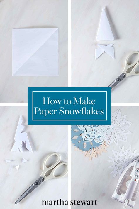 How to Make Paper Snowflakes | A few quick snips with the tips of your scissors is all it takes to make a paper snowflake.  There are countless ways to design them freehand, although you can use one of our printable templates. Cut out a flurry. Then together, the family can decorate a Christmas tree, gifts, windows, and walls.  #christmascrafts #diyholidaydecor #marthastewart Pretty Paper Snowflakes, Paper Flakes Diy, Snowflake Designs Paper, Cut Snowflakes For Kids, Snow Flake Designs Paper, Paper Snow Flakes Tutorial, How To Cut Out Paper Snowflakes, Snow Flake Paper Cut, How To Make Paper Snowflake Garland