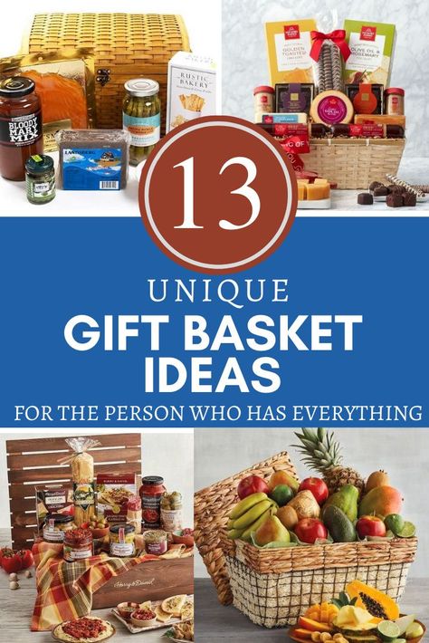 Everyone loves a good gift basket, and there are gift basket ideas for just about any interest. If you’ve been giving the classic fruit basket, or crackers, salami, and cheese baskets over and over, maybe it’s time to think outside of the box a little. Or, if you want to stick with the classics, find the king of ‘em all. Check out 13 Unique Gift Basket Ideas for the Person Who Has Everything! Pin this now! #gift #giftbasket #giftideas Cheese And Cracker Gift Basket Ideas, Fruits Basket Ideas Gift, Healthy Food Gift Basket Ideas, Meat And Cheese Basket Gift Diy, Food Themed Gift Baskets, Christmas Fruit Basket Ideas, Diy Food Gift Baskets, Diy Fruit Basket Gift Ideas, Charcuterie Gift Basket Ideas