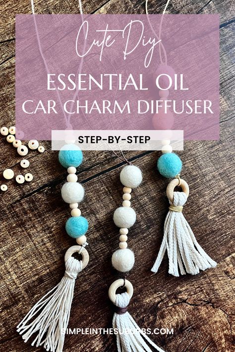 Picture of 3 car charm essential oil diffusers on wood table Felt Diffuser Diy, Car Scent Diy Essential Oils, Macrame Oil Diffuser Car, Wood Bead Diffuser, Homemade Car Diffuser, Macrame Car Defuser, Airfreshners For Car Diy, How To Make Car Air Freshener Diy Beads, Scented Car Fresheners Diy