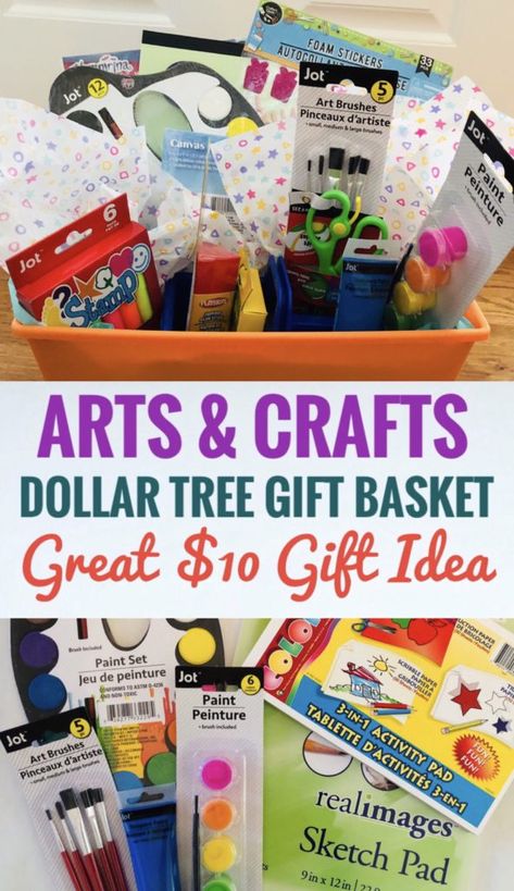 Dollar Tree Arts and Crafts Gift Basket - Use items from Dollar Tree to easily create this Arts and Crafts Gift Basket for the crafty kids in your life. Great inexpensive gift idea for kids! #dollartree #giftbaskets #giftbasketideas #giftsforkids #dollartreefinds Art Basket Gift For Adults, Arts And Crafts Raffle Basket Ideas, Art Basket Ideas, Arts And Crafts Basket Ideas, Cheap Diy Gift Basket Ideas, Arts And Crafts Gift Basket, Dollar Tree Prize Ideas, Dollar Tree Birthday Gift Ideas, Kids Gift Basket Ideas