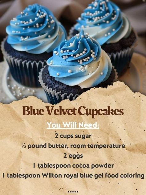 Yummy Recipes | 🧁 Blue Velvet Cupcakes | Facebook Blue Velvet Desserts, Blue Cupcake Ideas, Blue Muffins, Blue Velvet Cake, Blue Muffin, Blue Velvet Cupcakes, Blue Velvet Cakes, Soda Floats, Creamy Frosting