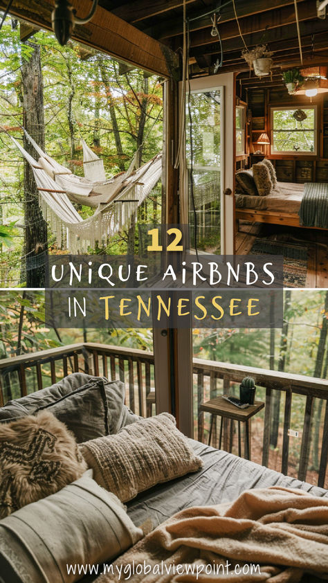 Interior and exterior views of a cozy treehouse Airbnb in Tennessee, showcasing a hammock on the porch and a comfortable bed with forest views. Perfect for a cabin weekend getaway or a relaxing vacation in the woods. Treehouse Airbnb Ideas, Tennessee Cabin Aesthetic, Airbnb Cabin Ideas, Gatlinburg Tennessee Cabins, Treehouse Vacations, Cabin Airbnb, Airbnb Cabin, Treehouse Rentals, Treehouse Airbnb