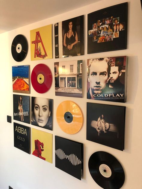 Display Albums On Wall, Displaying Records On Wall, Vinyl Display Wall Ideas, Records Display Wall, Record Frames Wall, Albums Wall Decor, Vinyl Wall Decor Bedroom, Wall Album Decor, Vinyl Wall Decoration