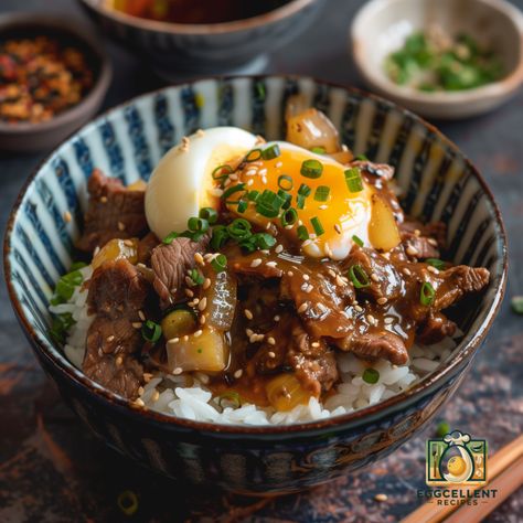 Savory Japanese Beef Rice Bowl (Gyudon) With Soft Boiled Egg Recipe - Eggcellent Recipes Soft Boiled Egg Recipe, Beef Rice Bowl Recipe, Boiled Egg Recipe, Soft Boiled Eggs Recipe, Beef Bowl Recipe, Soft Boiled Egg, Japanese Rice Bowl, Japanese Beef, Beef Rice