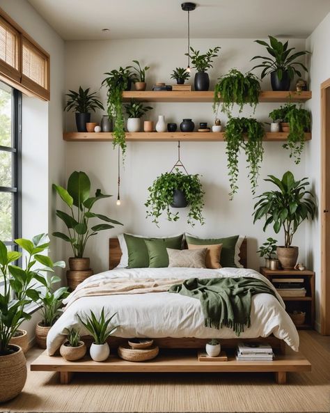 Bedroom On Floor Ideas, Small Bedroom Plant Ideas, Japanese Boho Decor, Boho Bedroom Decorations, Japanese Zen Bedroom Ideas, Japanese Boho Bedroom, Boho Bedroom Shelves, Shelving Ideas For Bedroom, Shelving Ideas Bedroom