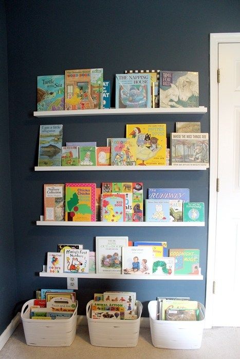 Ikea Ribba Book Ledges for Abe's New Nursery Book Ledges Nursery, Ikea Book Wall Shelf, Ikea Book Ledge, Nursery Book Ledge Wall, Nursery Book Ledge, Book Ledge Nursery, Mosslanda Bookshelf, Ikea Mosslanda Bookshelves, Toddler Room Book Storage